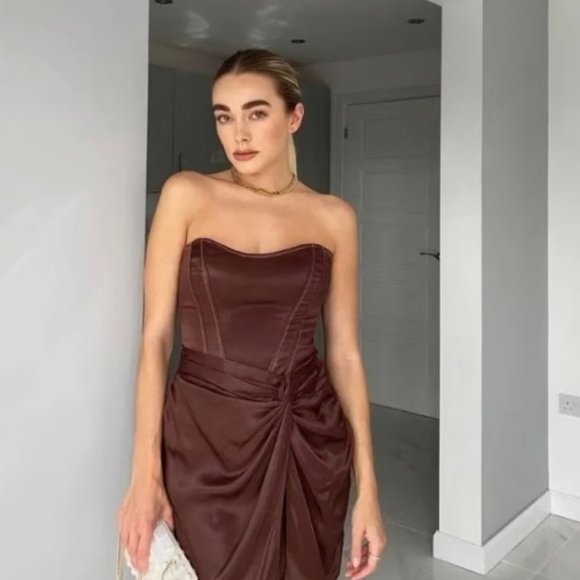 NWT Zara Brown Satin Strapless Corset Mini Dress - Picture 8 of 12